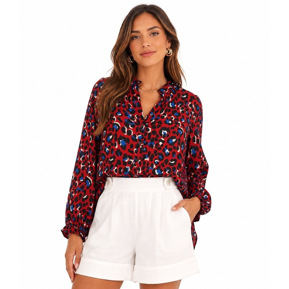 FRNCH Paris Red Leopard Print Button Down Blouse High Low Hem S/M